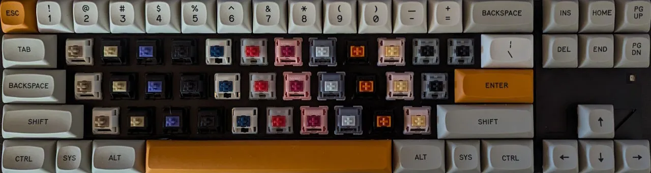 Switch test with HMX Macchiato, Keygeek Y3, Vertex V1, Gateron Oil Kings, HMX Xinhai, Gateron Cream Soda, Sarokeys Strawberry Wine, Owlab Tungsten, Haimu Trash, MMD Princess Tactile, Cherry Nixies