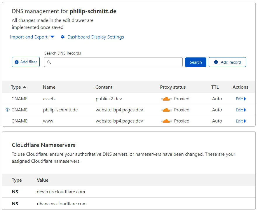 The Cloudflare DNS Records UI with the Cloudflare Pages URL as target of the custom domain